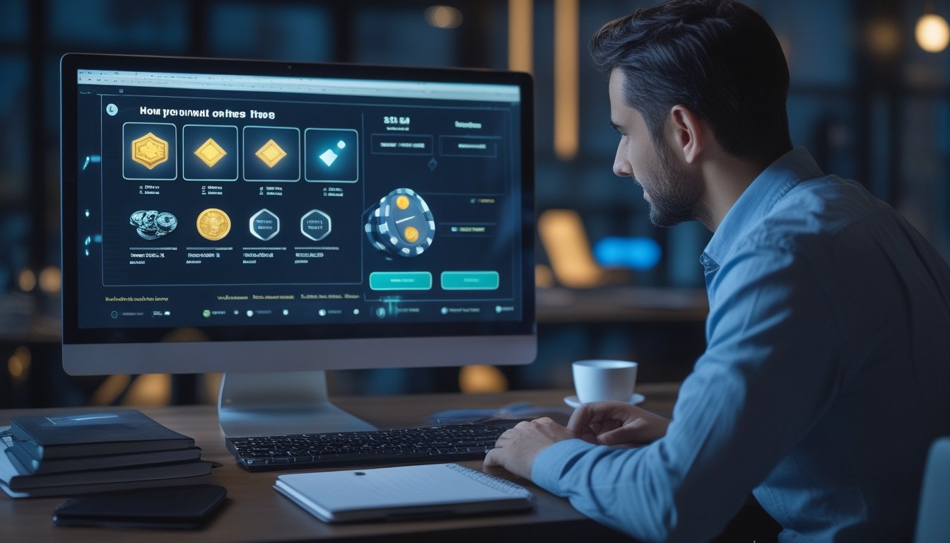 Seseorang memeriksa antarmuka permainan digital dan catatan analisis di meja kerja pada malam hari.
