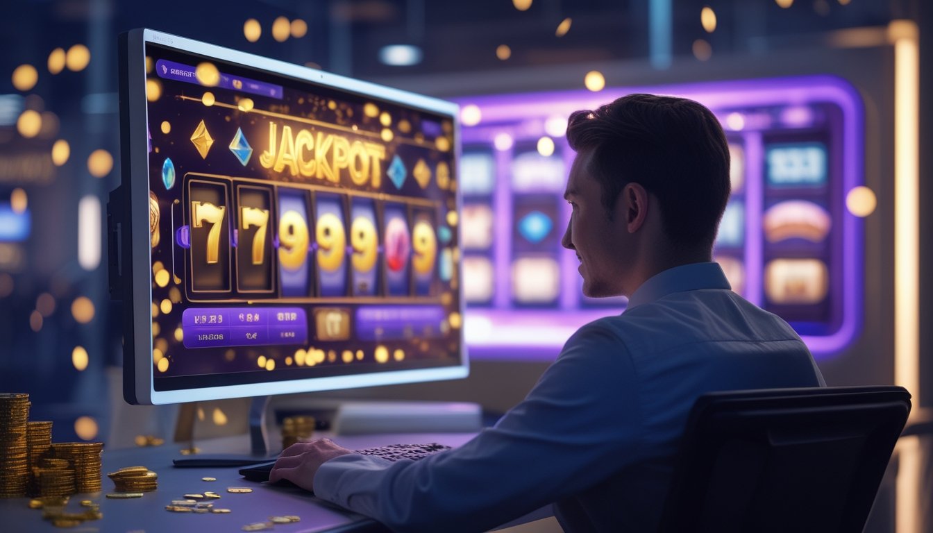 Seseorang dewasa memainkan permainan slot digital dengan efek cahaya emas dan koin di meja.