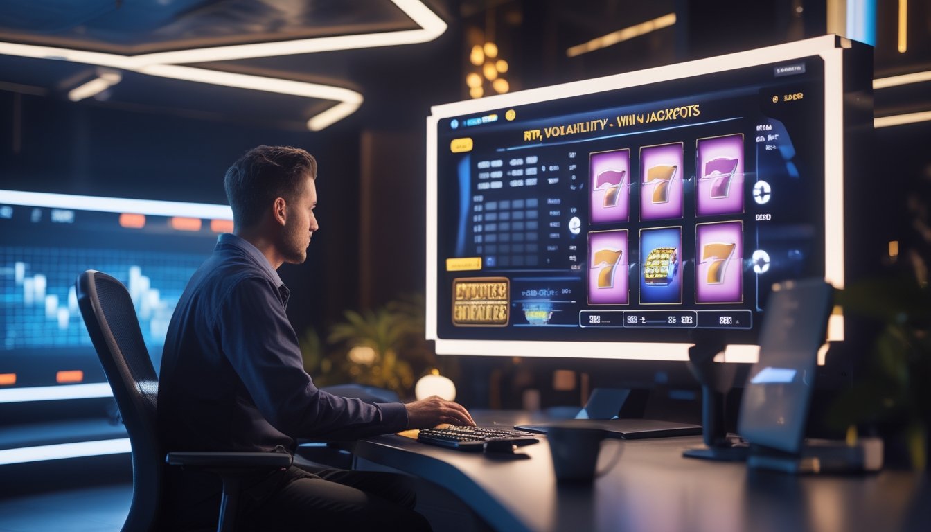 Seorang pemain dewasa menganalisis grafik statistik dan mesin slot digital di ruang kerja modern.