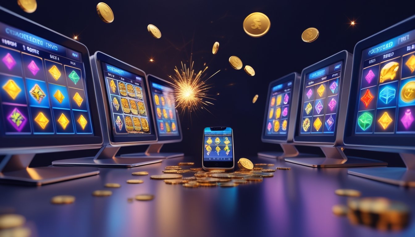 Perangkat digital menampilkan permainan slot berwarna-warni dengan koin emas dan efek cahaya meriah.