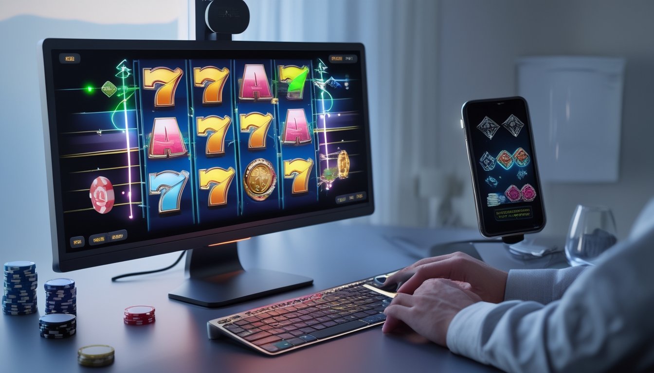 Seseorang menggunakan komputer untuk memainkan permainan slot online di ruang modern.