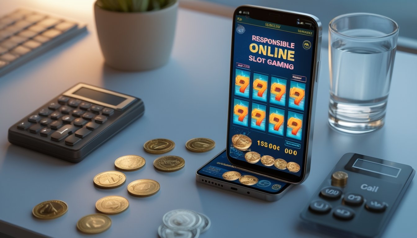 Ponsel menampilkan permainan slot abstrak di atas meja bersama beberapa koin dan kalkulator.