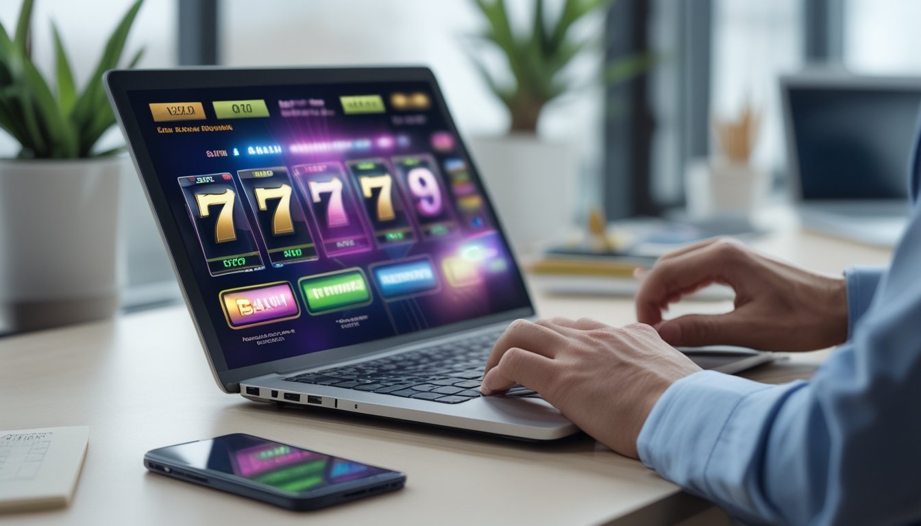 Seseorang menggunakan laptop dan ponsel dengan tampilan permainan slot digital di meja kerja.
