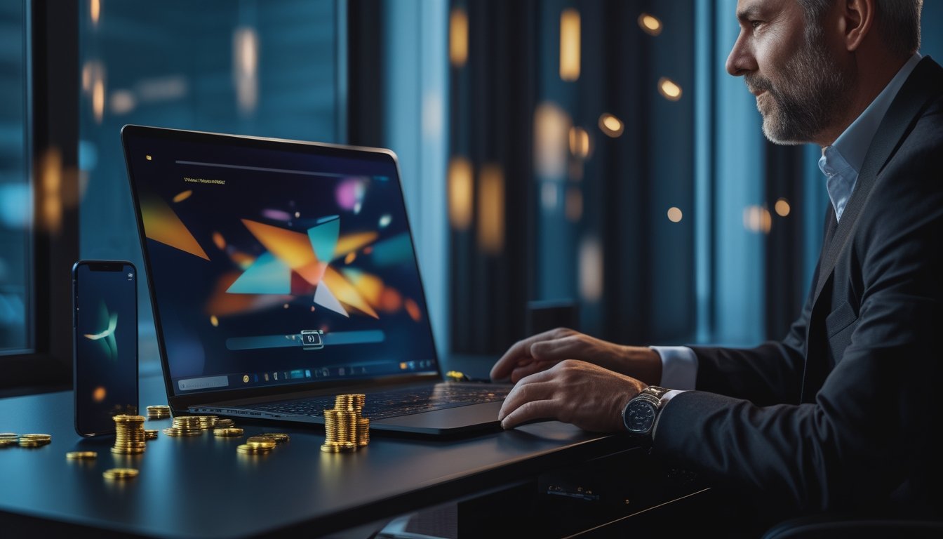 Seseorang menggunakan laptop dan ponsel di meja kerja dengan nuansa digital premium serta aksen koin emas.