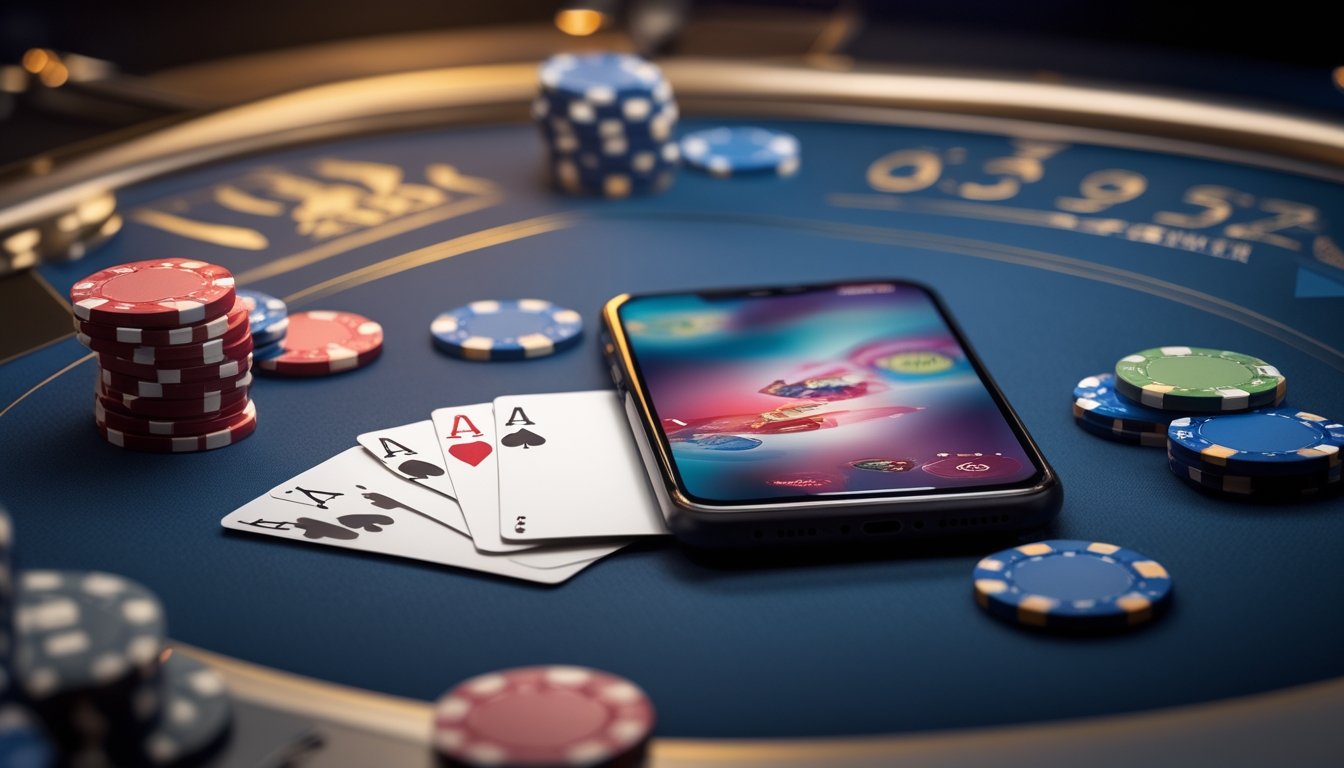 Meja poker modern dengan kartu, keping poker, dan ponsel yang menampilkan antarmuka permainan buram.