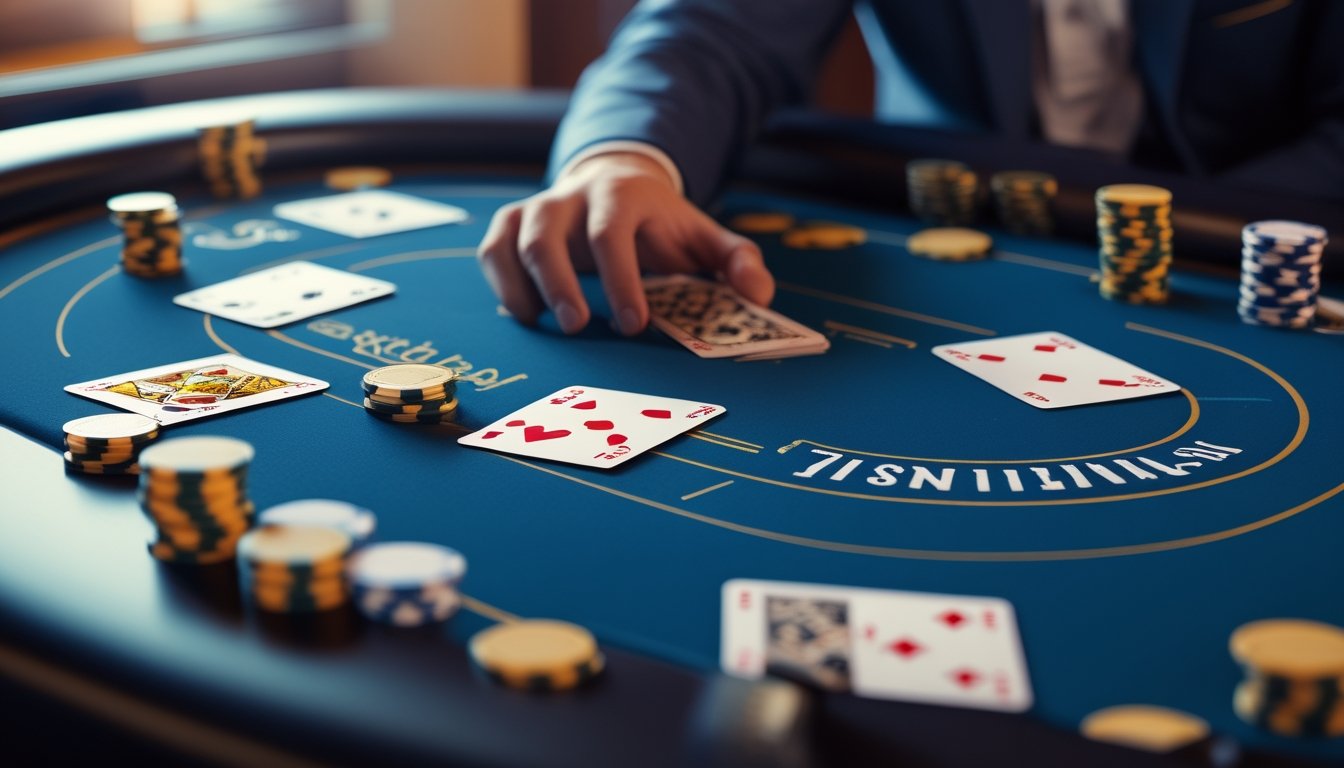 Kartu dan tumpukan chip poker tersusun di atas meja dengan pencahayaan elegan.
