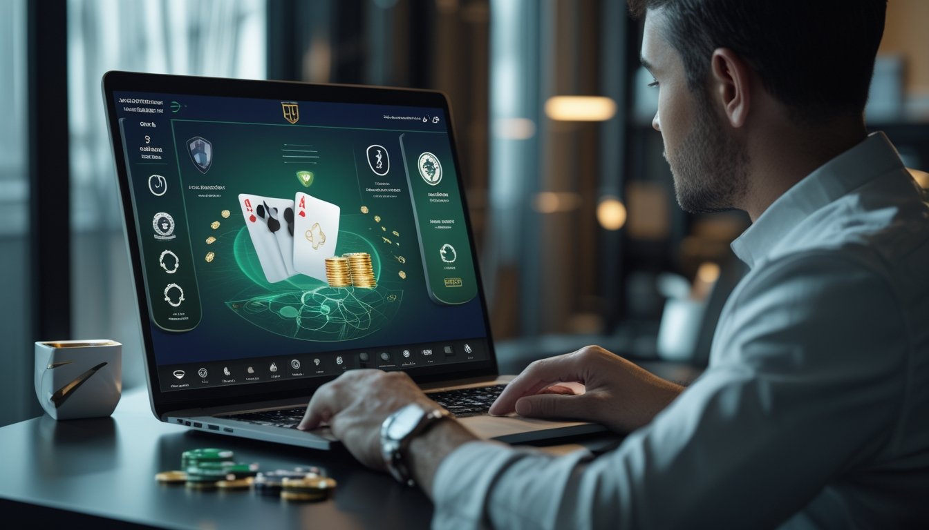 Seseorang menggunakan laptop dengan tampilan bertema poker dan elemen keamanan digital di ruang kerja modern.