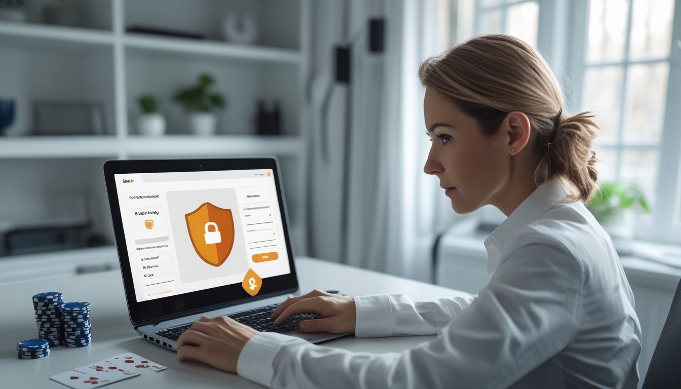 Seseorang memeriksa keamanan dan kredibilitas platform poker online di laptop dengan simbol perisai, kunci, dan chip poker di meja.