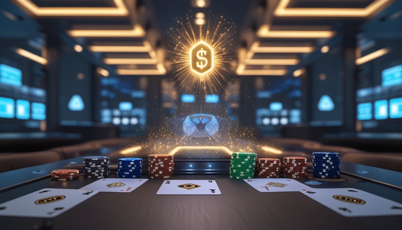 Meja poker elegan dengan kartu, keping poker, dan cahaya digital yang melambangkan jackpot daring.