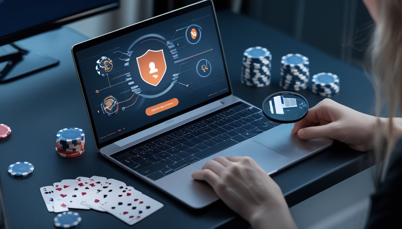 Laptop dan perlengkapan poker ditampilkan bersama simbol verifikasi keamanan untuk menggambarkan penilaian kredibilitas platform.