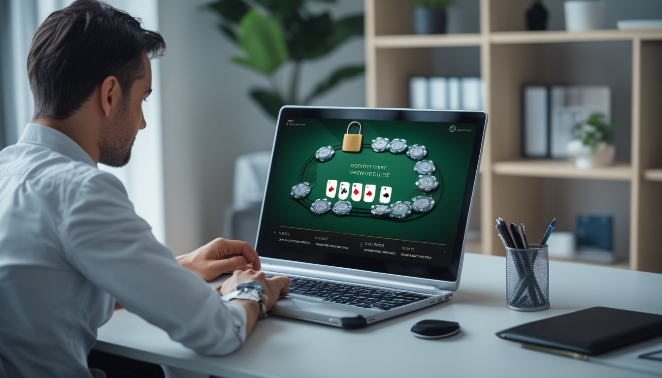 Seorang pemain dewasa memainkan poker online di laptop dalam ruang kerja modern.