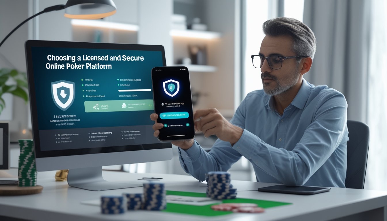 Seseorang memeriksa keamanan platform poker online di meja kerja modern dengan laptop, ponsel, kartu, dan keping poker.