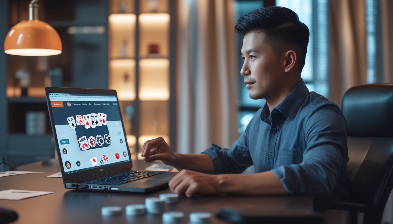 Seorang pemain poker dewasa bermain secara daring di meja kerja modern dengan kartu dan keping poker.