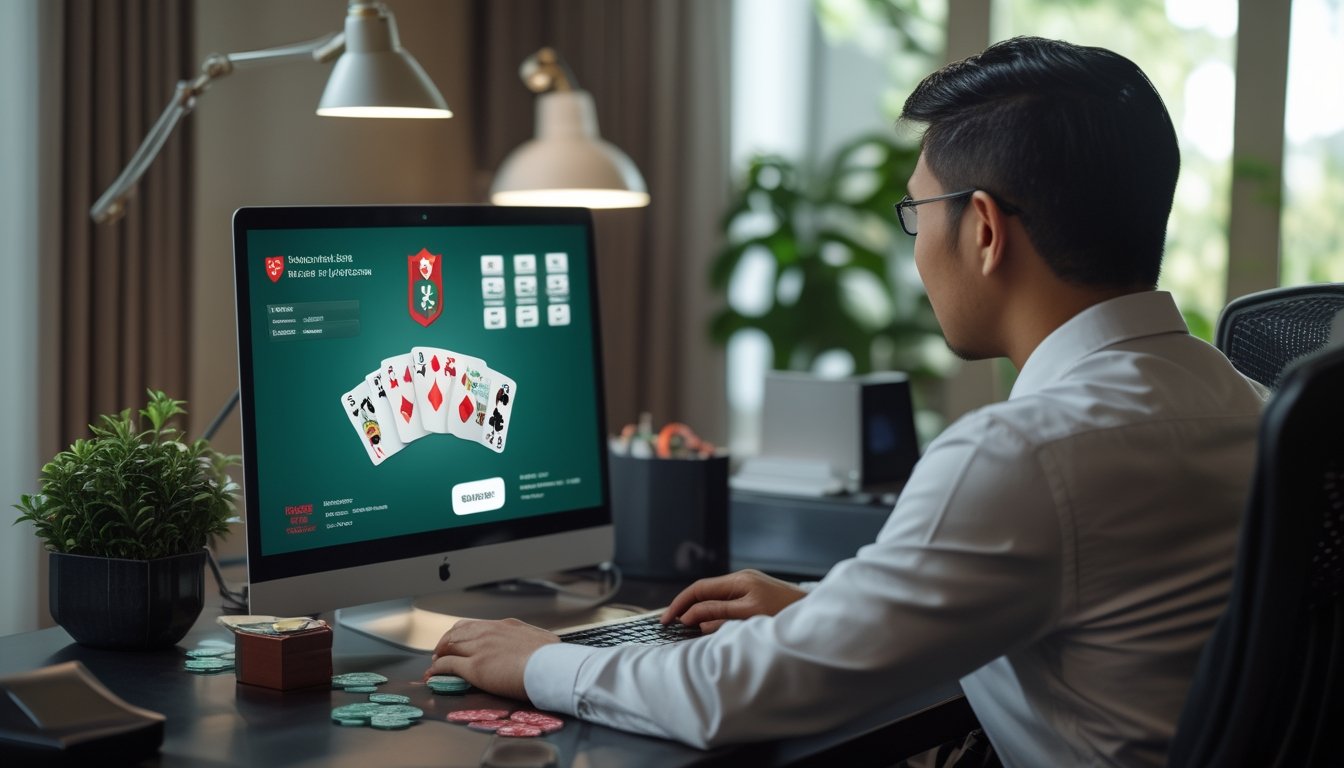 Pemain Indonesia melihat antarmuka poker daring dengan kartu dan keping poker di meja kerja modern.