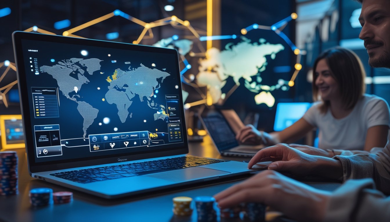 Laptop menampilkan permainan poker daring dengan kartu dan chip di meja, disertai suasana koneksi pemain dari berbagai negara.
