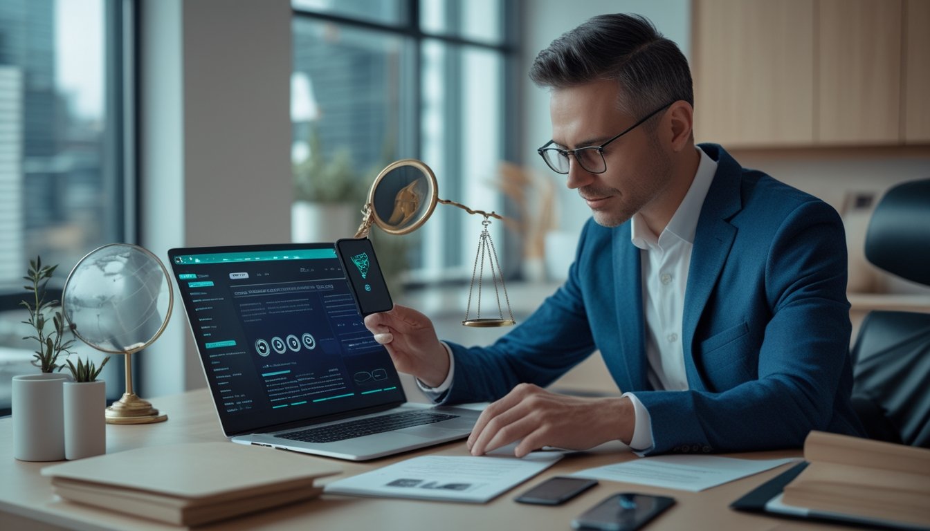Seorang analis memeriksa keamanan dan kepatuhan platform poker online menggunakan laptop dan simbol verifikasi.