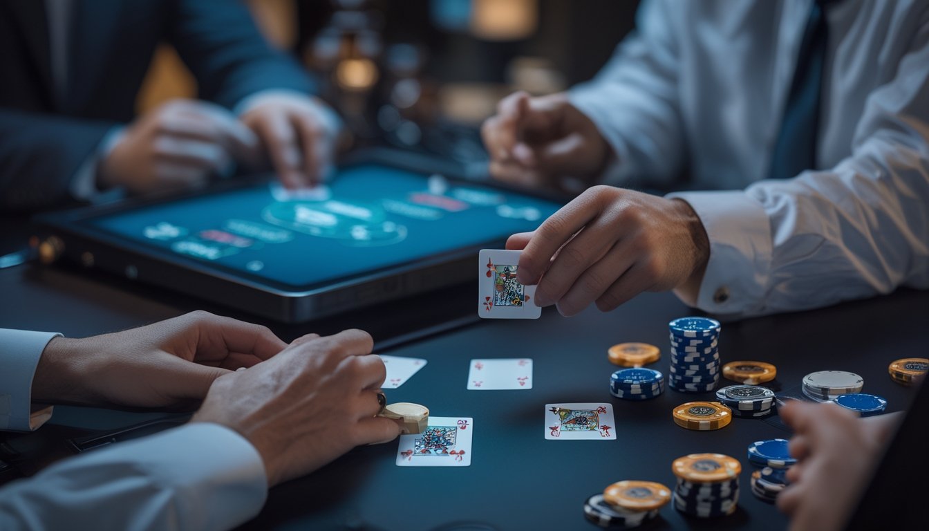 Meja poker modern dengan kartu, keping poker, dan perangkat digital di ruangan elegan.
