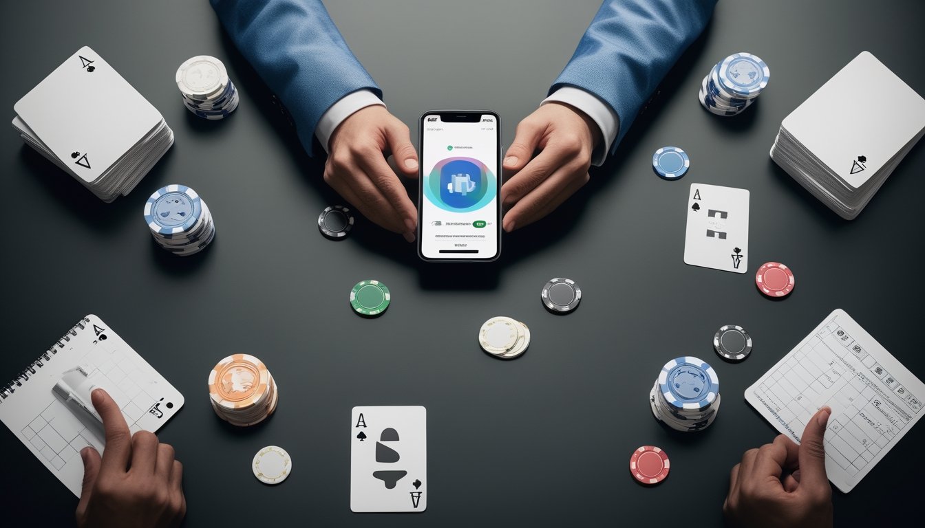 Meja poker dengan kartu, keping taruhan, ponsel, dan buku catatan anggaran.