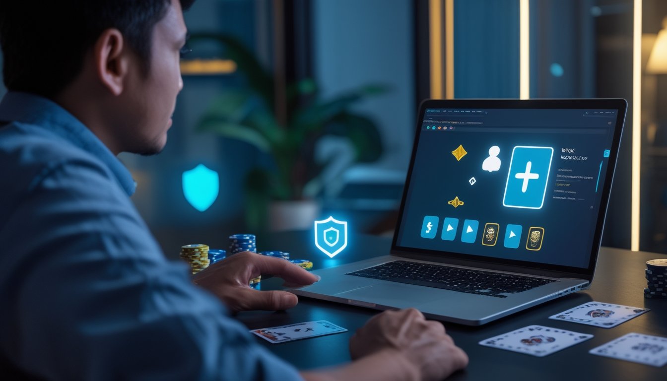 Orang dewasa menggunakan laptop dengan tampilan permainan kartu dan keping poker di meja, dalam suasana kantor rumah modern.