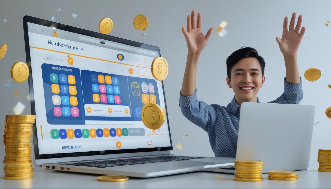 Seorang pemenang merayakan hadiah besar di samping laptop dan ponsel dengan tampilan angka abstrak.