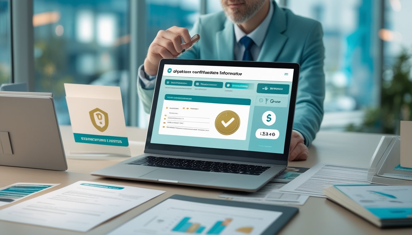 Seorang profesional memeriksa dokumen verifikasi dan keamanan platform digital di meja kerja.