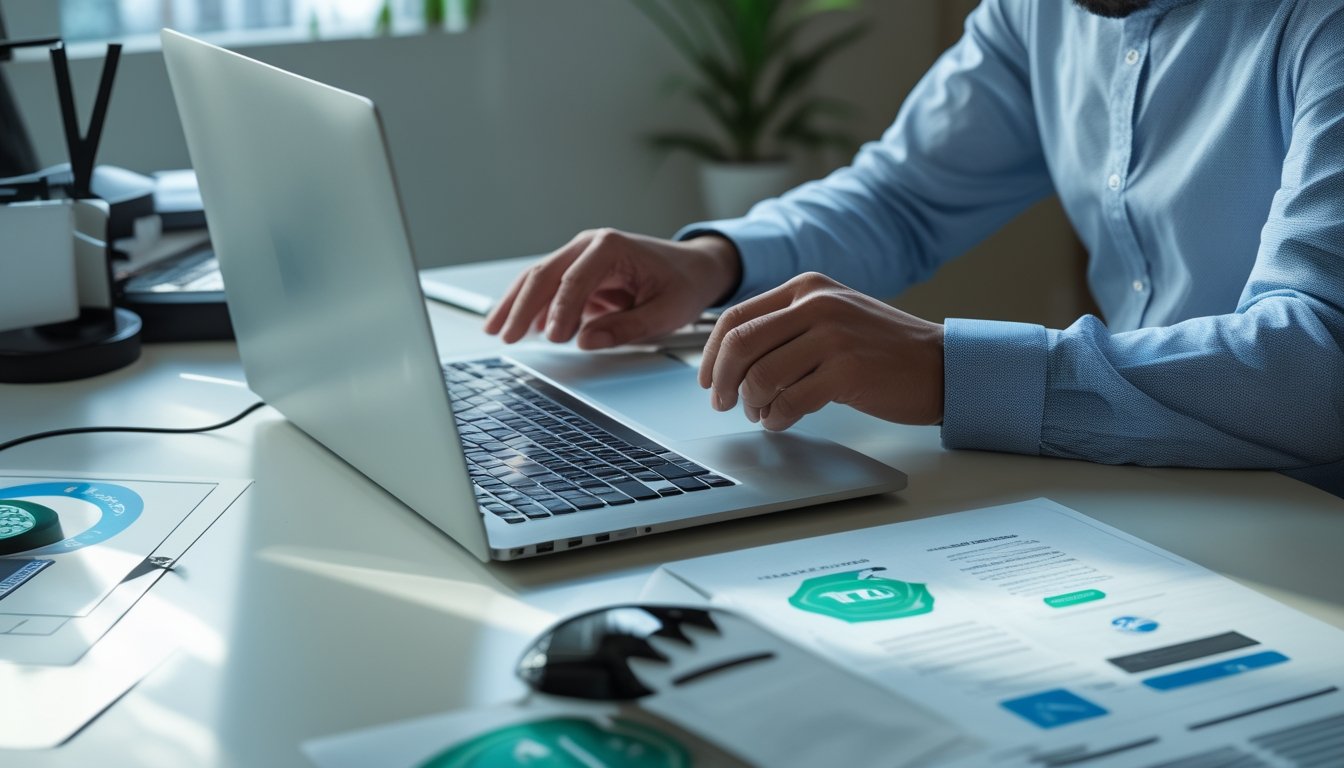 Seseorang memeriksa keamanan dan kredibilitas platform digital di laptop dengan simbol verifikasi dan perlindungan data.