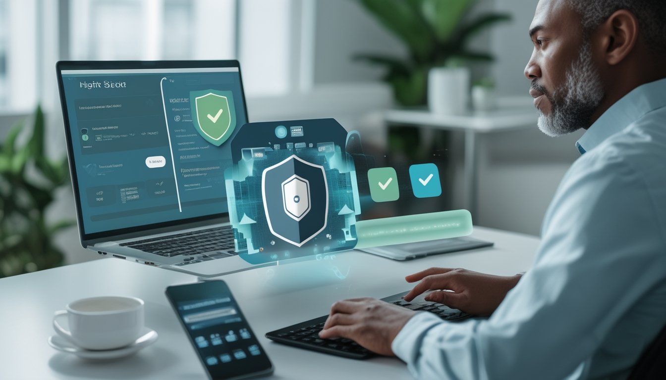 Seseorang meninjau platform digital aman pada laptop dan ponsel di ruang kerja modern.