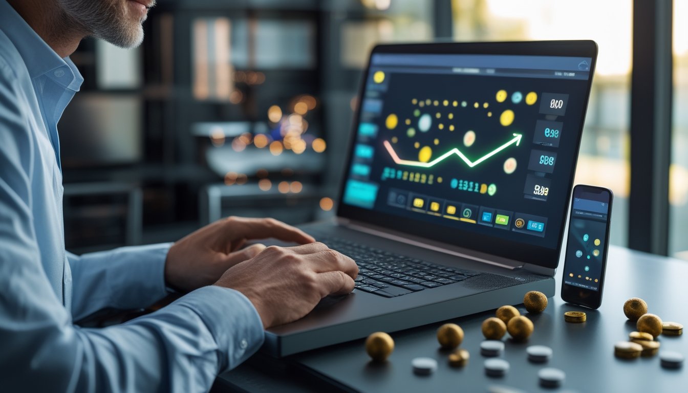 Seseorang melihat antarmuka digital abstrak di laptop dengan bola lotre dan token angka di atas meja.