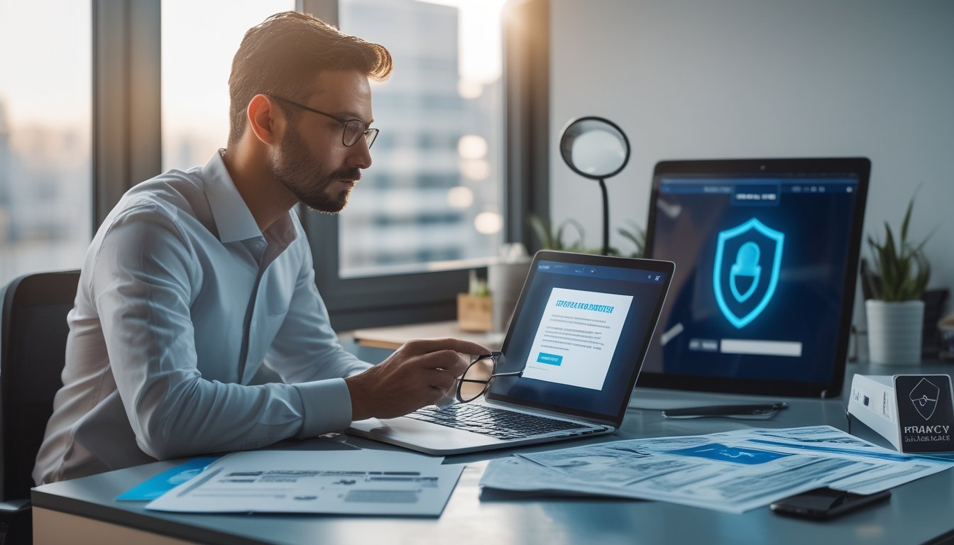 Seorang analis dewasa memeriksa keamanan dan kredibilitas platform digital di laptop dan tablet.