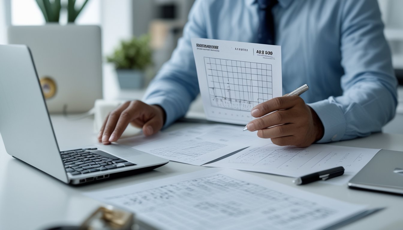 Seorang analis dewasa mempelajari grafik statistik dan pola angka di meja kerja modern.