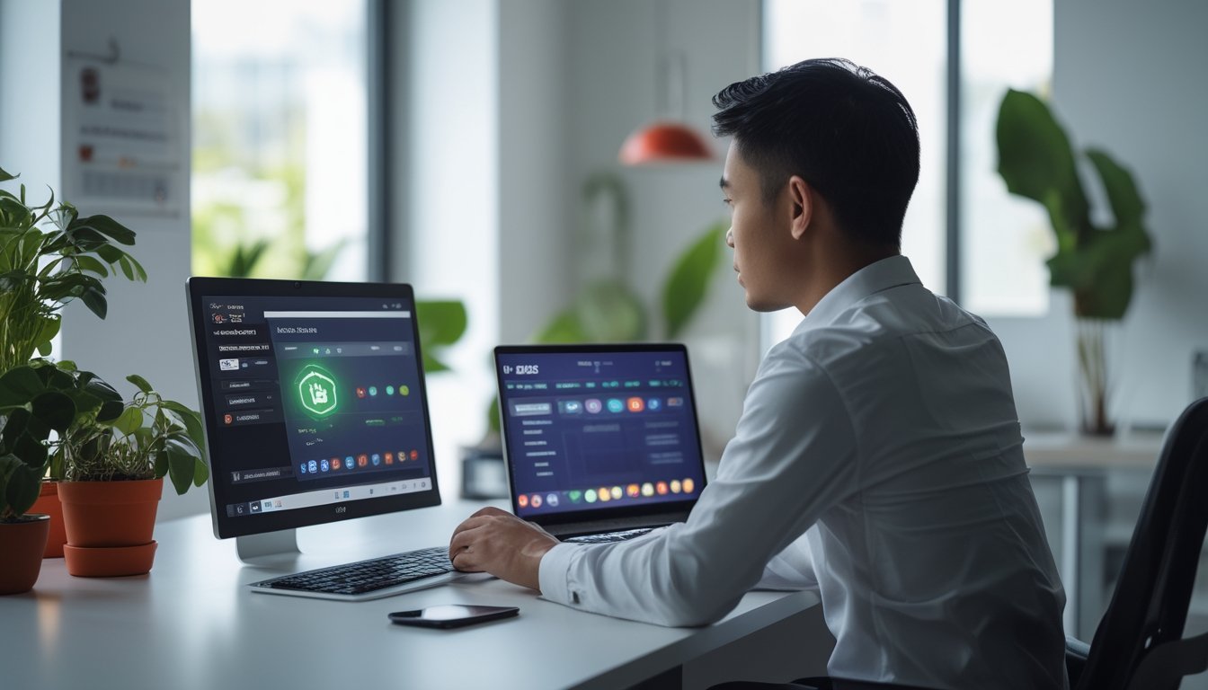 Orang dewasa Indonesia menggunakan laptop dan ponsel di ruang kerja modern dengan tampilan antarmuka digital abstrak.