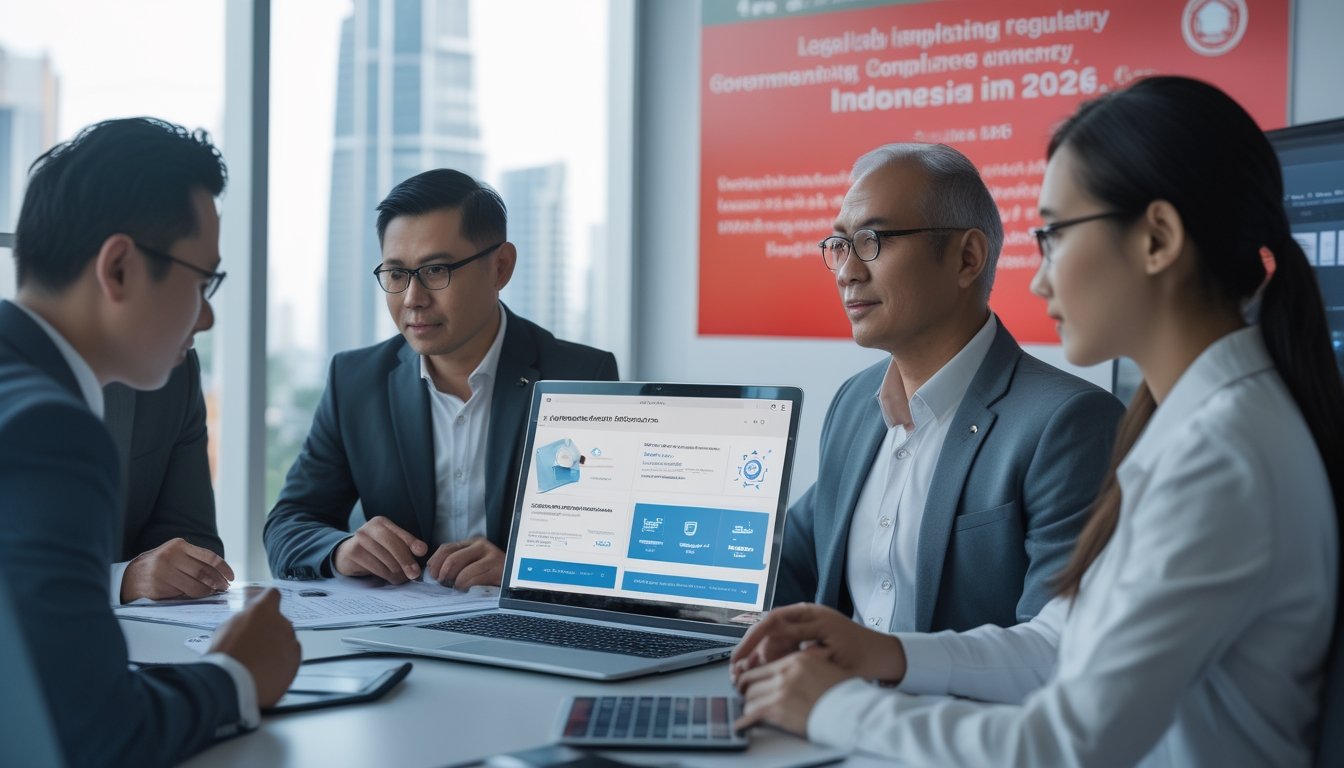Para profesional dewasa meninjau dokumen regulasi dan keamanan digital di kantor modern Indonesia.