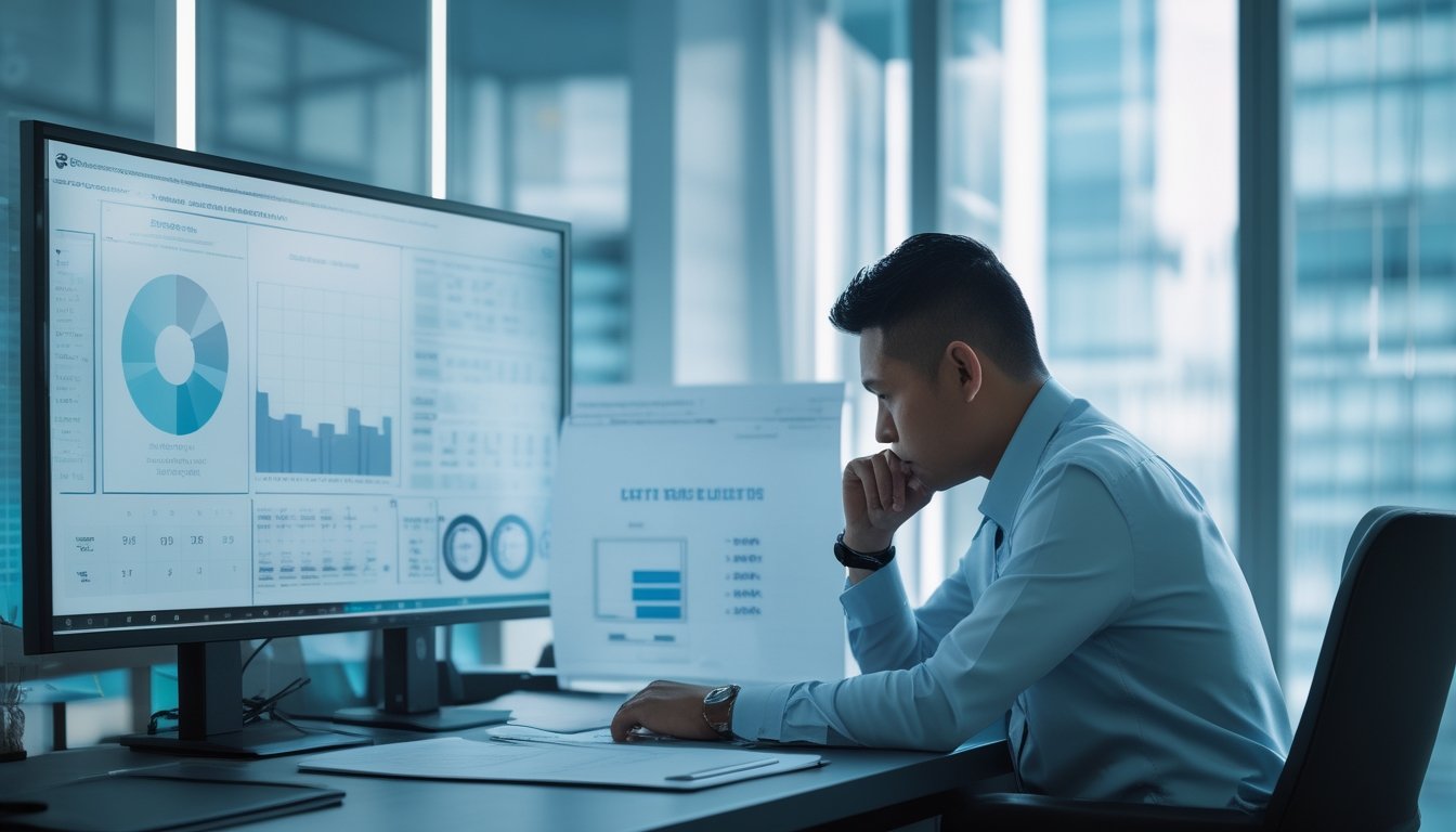 Seorang analis mempelajari grafik probabilitas dan kombinasi angka di ruang kerja modern.