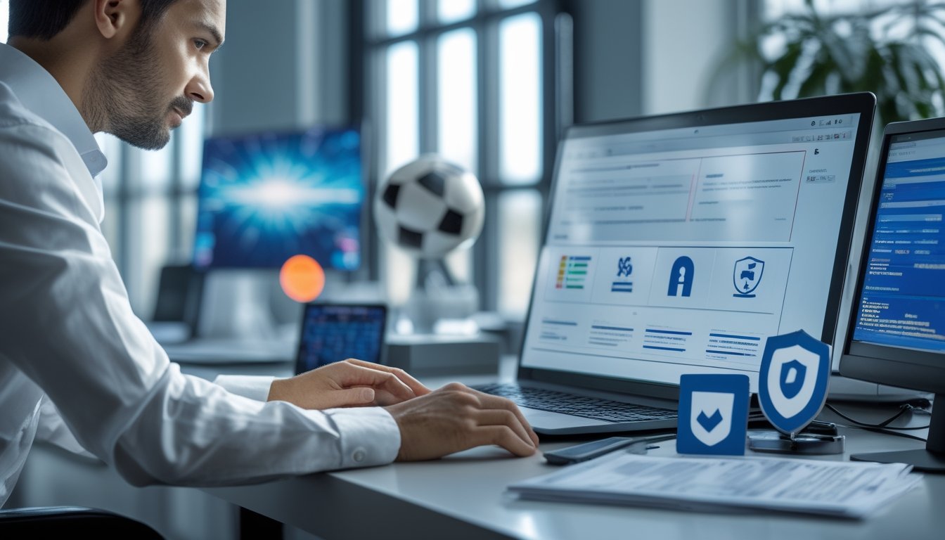 Analis kepatuhan memeriksa laptop dengan simbol keamanan, dokumen hukum, dan perlengkapan bertema sepak bola di meja kantor.