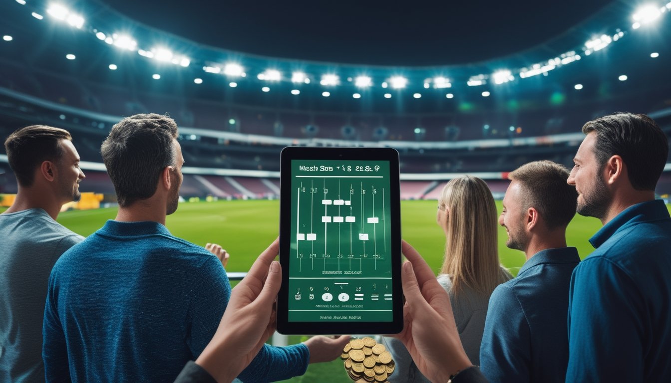 Suasana stadion sepak bola dengan para penggemar dan analis melihat statistik pertandingan secara digital.