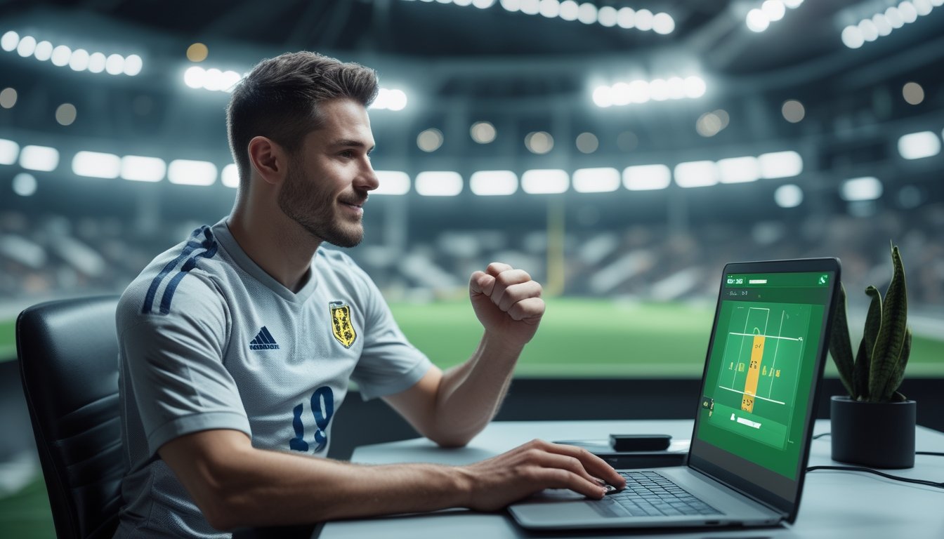 Penggemar sepak bola dewasa menggunakan perangkat digital dengan latar stadion yang terang.
