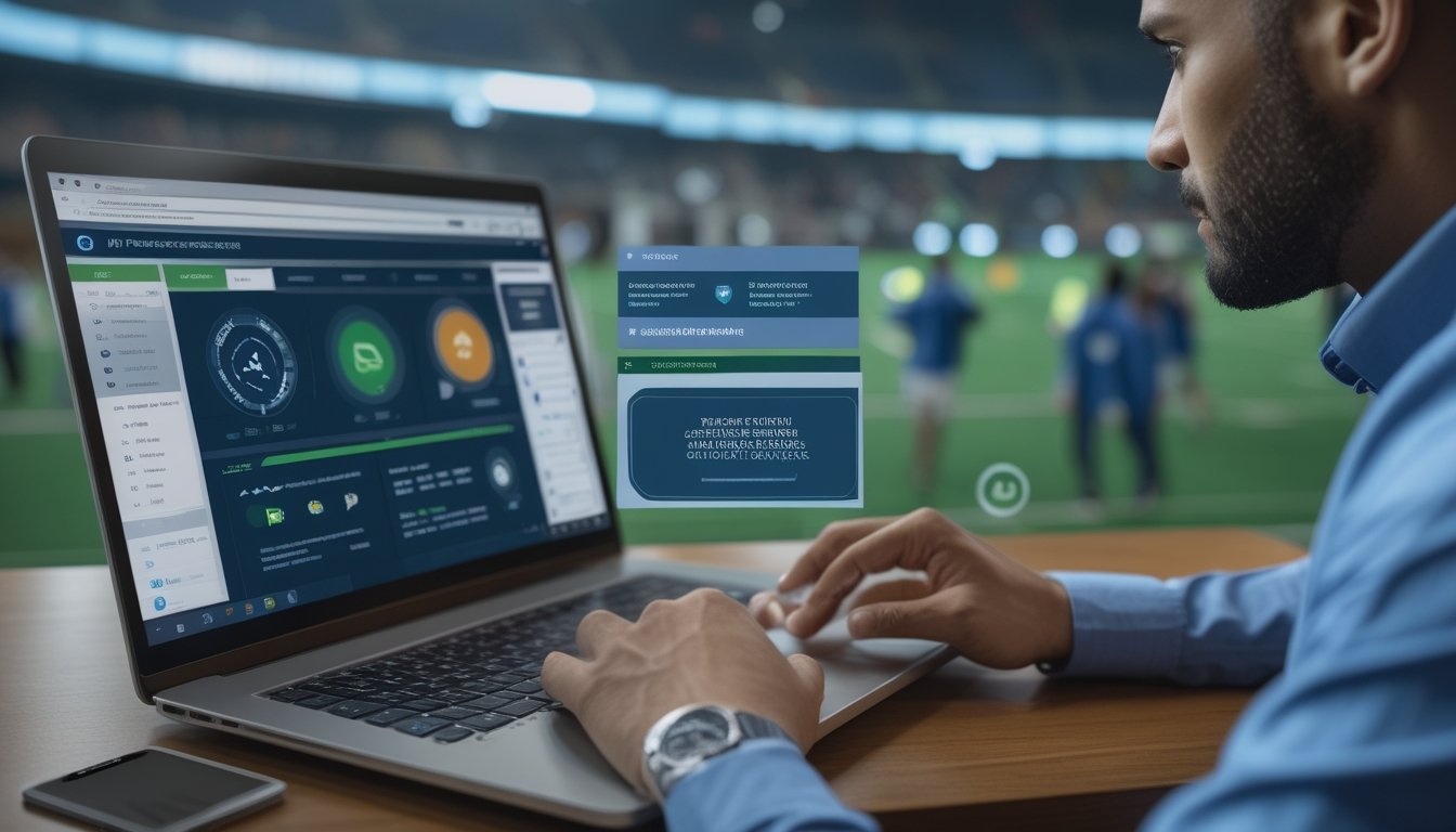 Orang dewasa memeriksa laptop dan ponsel dengan tampilan analisis sepak bola serta simbol verifikasi di ruang kerja modern.