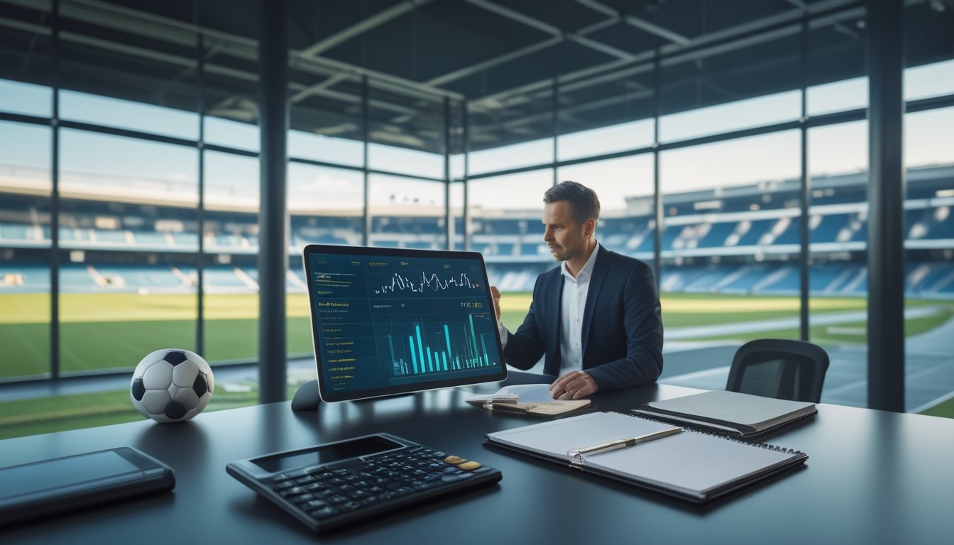 Analis olahraga meninjau data pertandingan sepak bola di meja kerja dengan stadion terlihat di latar belakang.