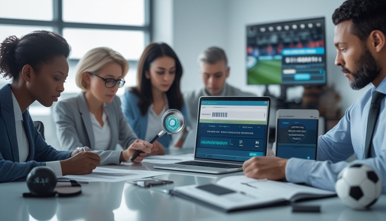 Tim analis dewasa memeriksa dokumen kepatuhan dan data sepak bola di kantor modern.