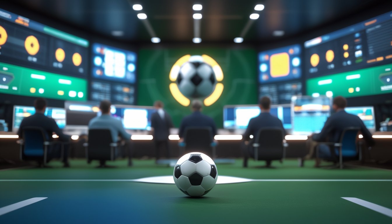 Sekelompok orang menganalisis data pertandingan sepak bola di ruang kerja digital dengan beberapa layar dan bola sepak di latar depan.