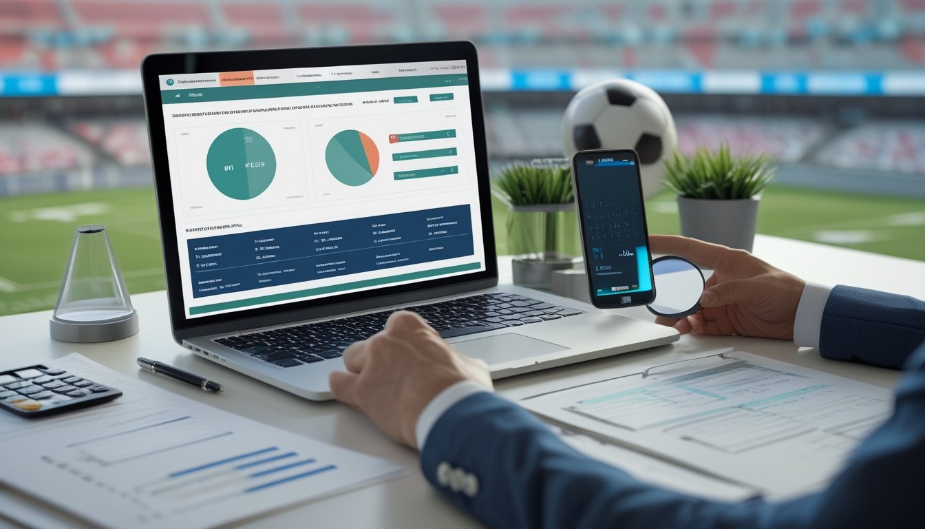 Meja kerja dengan laptop, ponsel, dokumen, kaca pembesar, dan bola sepak untuk menilai kredibilitas platform taruhan online.