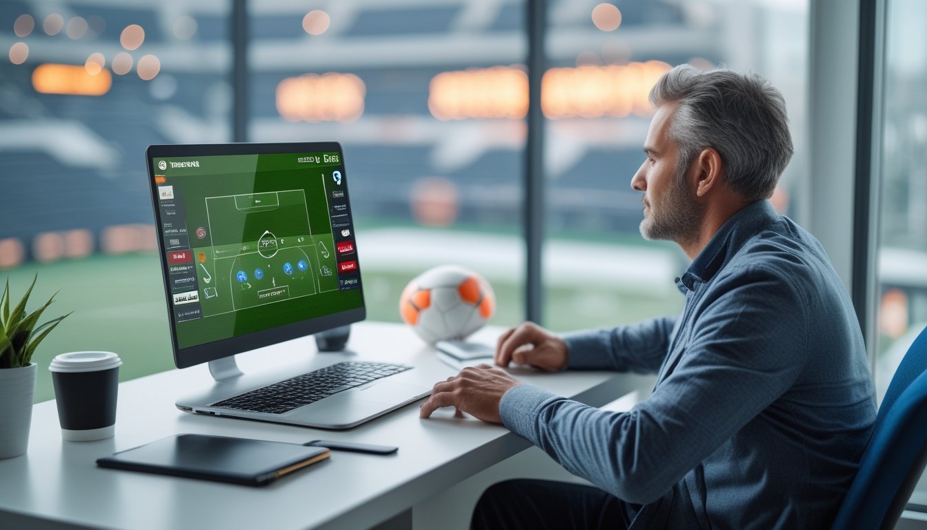 Penggemar sepak bola menggunakan laptop untuk mengakses platform taruhan olahraga resmi dengan simbol pembayaran aman.