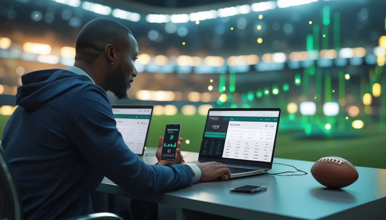 Orang dewasa melihat analisis olahraga digital di laptop dan ponsel dengan suasana stadion sepak bola di latar belakang.