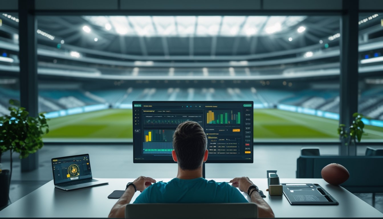 Penggemar sepak bola dewasa menganalisis pertandingan melalui laptop dan ponsel di ruang modern dengan stadion terlihat di latar belakang.