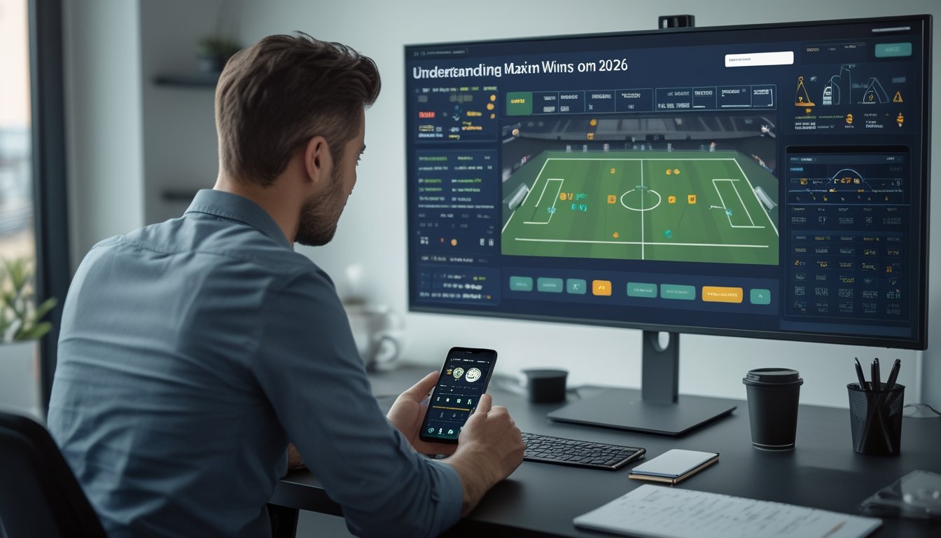 Seseorang menganalisis data pertandingan sepak bola pada monitor di ruang kerja modern.