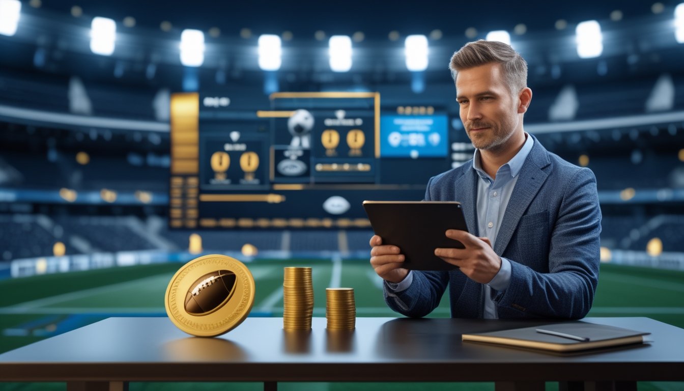 Analis olahraga memeriksa statistik pertandingan sepak bola di tablet dalam studio modern dengan latar stadion yang ramai.