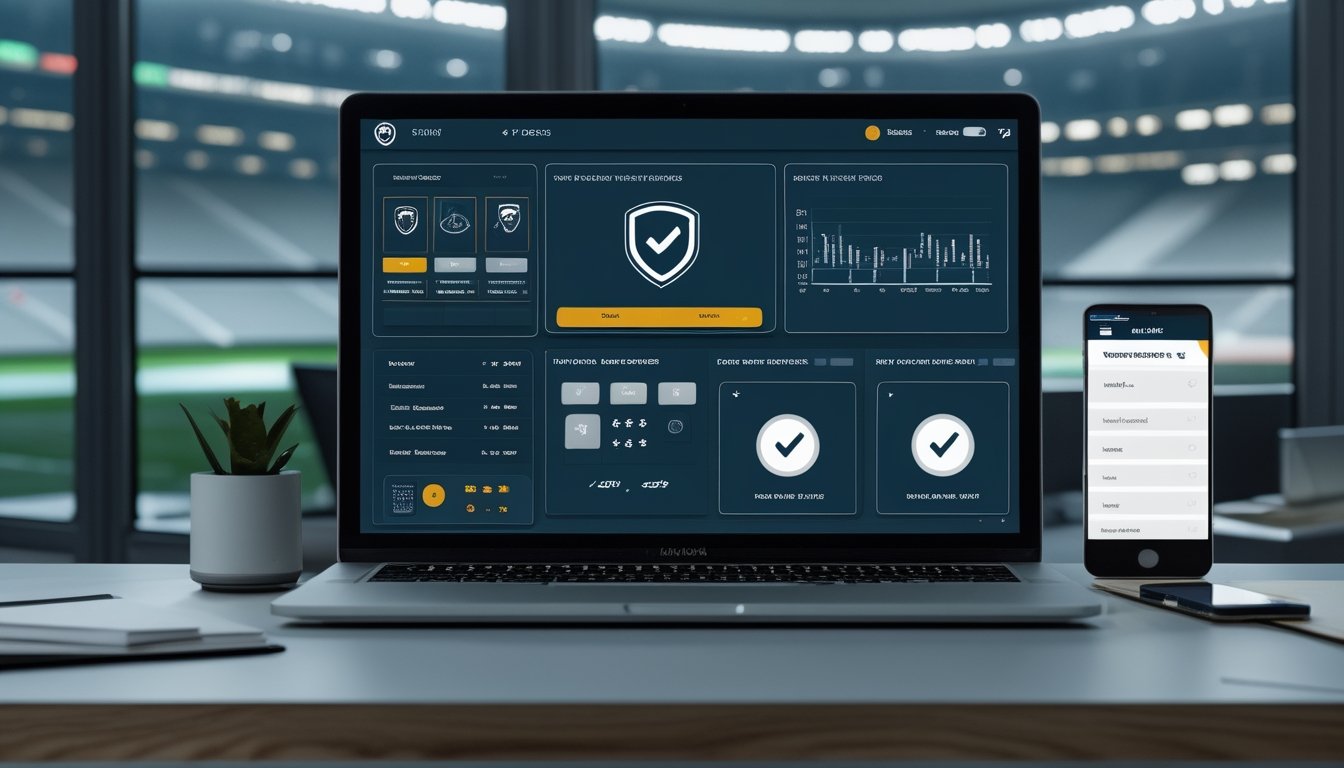 Meja kerja modern dengan laptop yang menampilkan analisis pertandingan sepak bola dan simbol keamanan, dengan stadion terlihat di latar belakang.