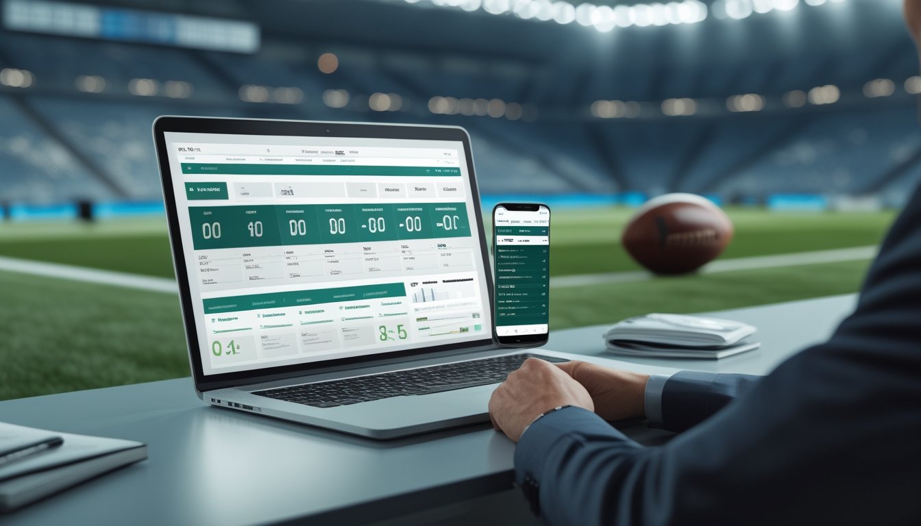 Seseorang menganalisis pertandingan sepak bola melalui perangkat digital di meja dengan suasana stadion di latar belakang.