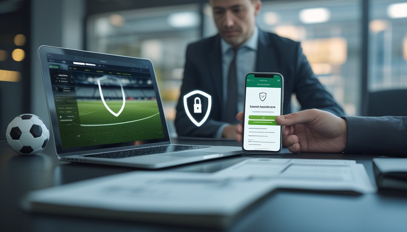 Profesional memeriksa platform taruhan sepak bola online dengan simbol keamanan digital di ruang kerja modern.