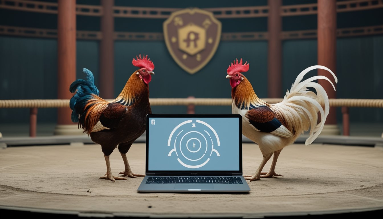 Dua ayam jantan sehat berada di arena tradisional yang bersih dengan laptop dan ponsel di latar depan.